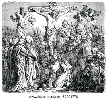 Old engravings. Shows the crucifixion of Christ. The book \