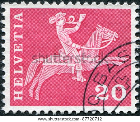 SWITZERLAND - CIRCA 1960: A stamp printed in Switzerland, is shown Messenger and pack animal, circa 1960