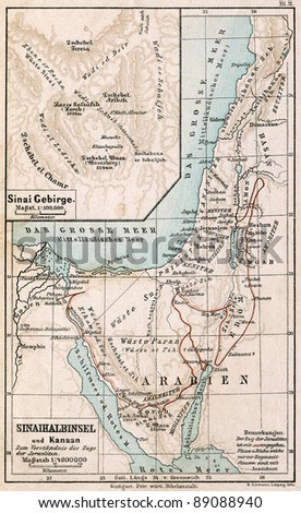 GERMANY - CIRCA 1895: Map of Sinai Peninsula. The route of exodus of Jews from Egypt. Atlas B. Schwarze, Leipzig, Printing House \