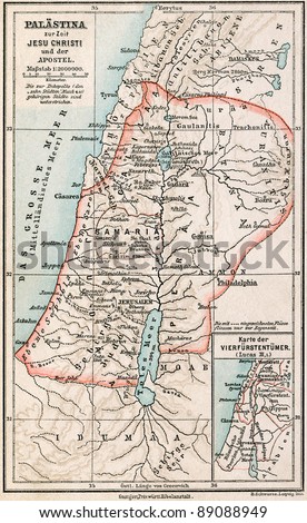 GERMANY - CIRCA 1895: Map of Palestine the time of Jesus Christ and the Apostles. Atlas B. Schwarze, Leipzig, Printing House \