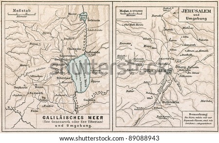 GERMANY - CIRCA 1895: Map of Sea of Galilee and Jerusalem, with the surroundings. Atlas B. Schwarze, Leipzig, Printing House \