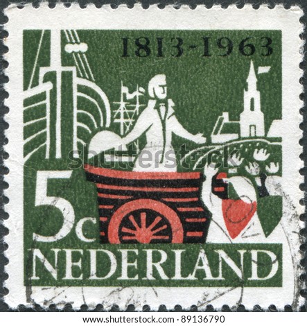 NETHERLANDS - CIRCA 1963: A stamp printed in the Netherlands, shows Prince William of Orange Landing at Scheveningen, circa 1963