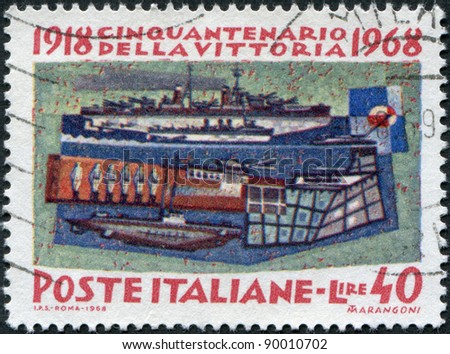 ITALY - CIRCA 1968: A stamp printed in Italy, is dedicated World War I, depicted Battleship Andrea Doria, Destroyer Zeffiro, Motor torpedo boat MAS 15, Sea tank Grillo, Submarine Pullino, circa 1968