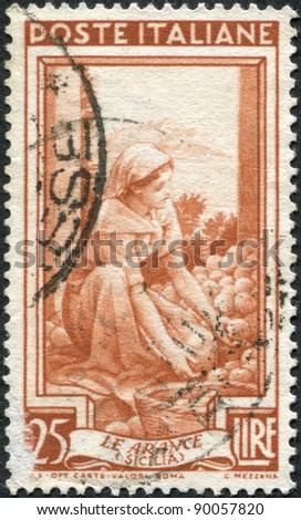 ITALY - CIRCA 1950: A stamp printed in Italy, is shown Sorting oranges, Mount Pellegrino (Sicily), circa 1950
