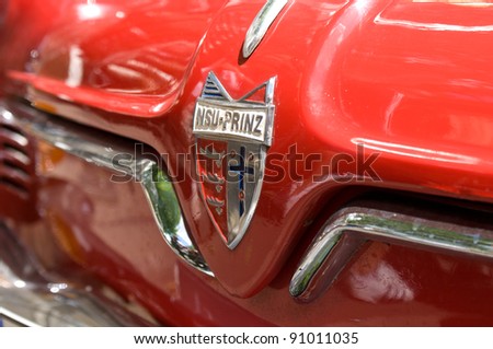 BERLIN - MAY 28: Radiator (engine cooling) and the emblem of the car NSU Sportprinz, the exhibition \