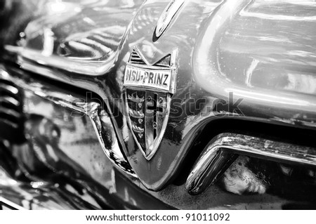 BERLIN - MAY 28: Radiator and the emblem of the car NSU Sportprinz (Black and White), the exhibition \