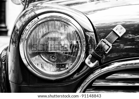 BERLIN - MAY 28: Radiator (engine cooling) and the lamp head light Rover Mini, the exhibition \