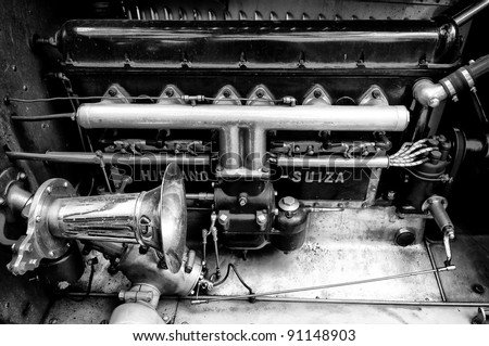 BERLIN - MAY 28: Engine compartment Hispano-Suiza H6B Million-Guiet Dual-Cowl Phaeton 1924, the exhibition \