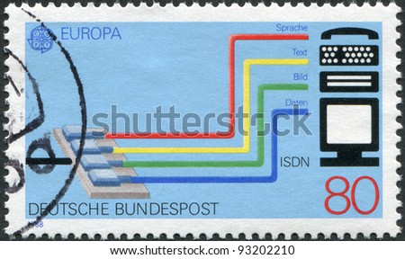 GERMANY - CIRCA 1988: A stamp printed in Germany, is dedicated to Transport and communication, shows the Integrated Services Digital Network (ISDN) system, circa 1988