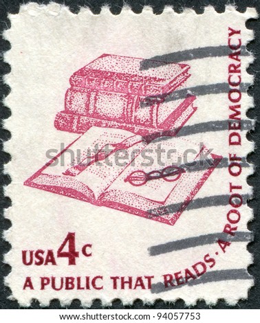 USA - CIRCA 1977: A stamp printed in the USA, shows a book, bookmarks and glasses, circa 1977