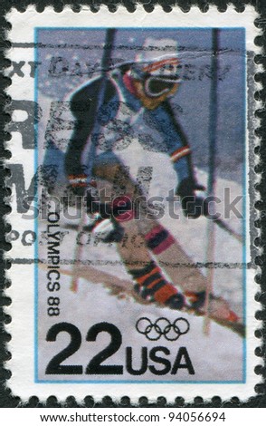 USA - CIRCA 1987: A stamp printed in the USA, dedicated to the Winter Olympics-1988, Calgary, shows Skiing, circa 1987