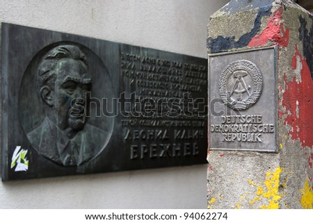 BERLIN - JANUARY 27: Memorial plaque Leonid Brezhnev and the frontier post of DDR, the Cold War Museum on Friedrichstrasse, on January 27, 2011 in Berlin, Germany.