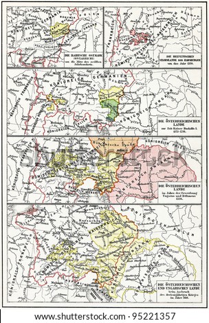 Map of Austria-Hungary from the 12th century to the 17th century. Publication of the book \