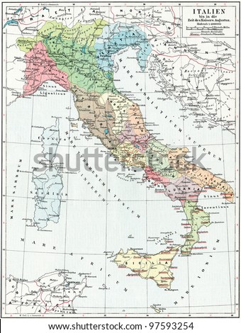 Map of Italy, the time of Emperor Augustus. Publication of the book 