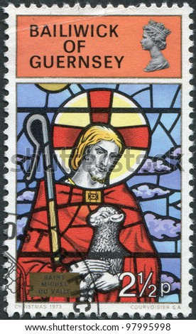 GUERNSEY - CIRCA 1973: A stamp printed in the Bailiwick of Guernsey, shows the Good Shepherd, St. Michel du Valle, circa 1973