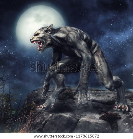 Fantasy werewolf standing on a rocky cliff on a full moon night. 3D illustration.