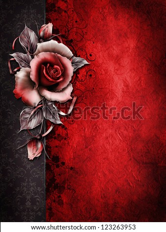 Dark Valentine background with a red rose and ribbons Dark Valentine background with a red rose and ribbons