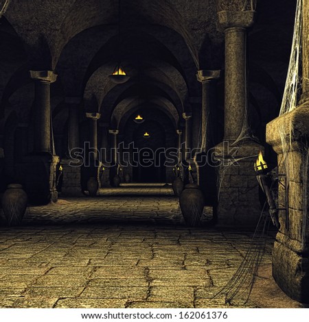 Dark medieval corridor with columns and torches Dark medieval corridor with columns and torches