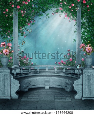 Fantasy gazebo with rose vines and marble benches - stock photo