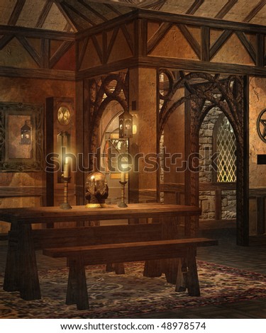 Emberek központja Stock-photo-fantasy-cottage-interior-with-a-table-and-benches-48978574