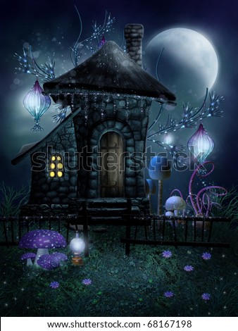 Holdtündék központja Stock-photo-night-scenery-with-a-fairy-cottage-and-flower-lamps-68167198