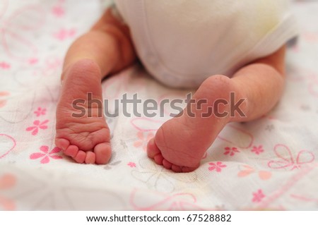 cute little new born baby\'s feet.  new born baby is trying to crawl