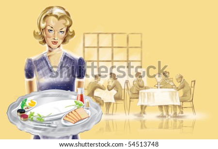 stock photo : pin up waitress in a cafe with a tray