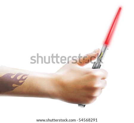 stock photo beam red sword in his hand men tattoo sword Jedi
