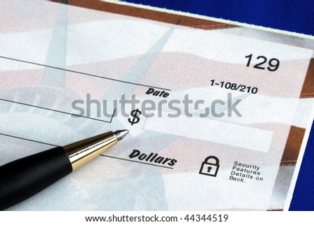Write the dollar amount on the check isolated on blue