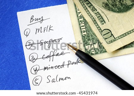 Buy some groceries from the buying list isolated on blue