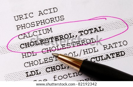 Focus on the cholesterol in a blood test report concept of better health