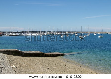 A set of concrete steps leads into the clear waters of a marina with moored yachts and a breakwater in the background.