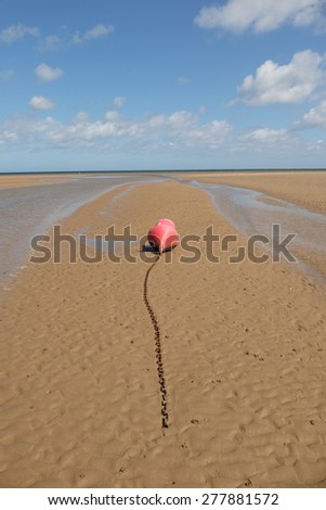 An anchored day marker red nun buoy on sand at a channel at low tide.