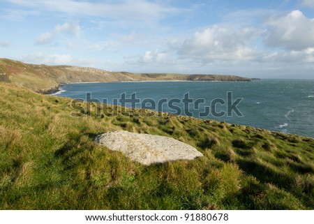 Coastal vista of Porth Ceiriad bay near Abersoch on the Lleyn peninsular coast of North Wales, UK.