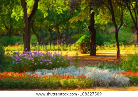 Landscape painting showing blooming of flowers in park in spring.