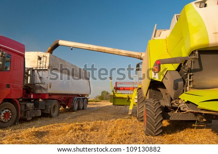Modern combine harvester unloading grain into the trucks trailer on sunny summer day.