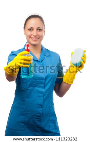 Beautiful young cleaning lady isolated on white.