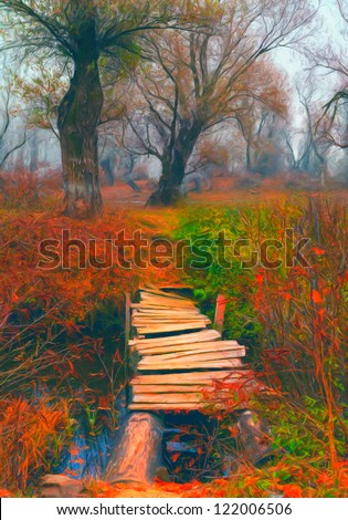 Landscape painting showing small wooden bridge that leads to the creepy old forest on moody autumn day.
