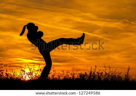 Silhouette of beautiful kick boxing girl exercising kick in the nature on sunny summer day.