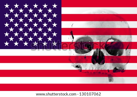 American flag with human skull in the background.