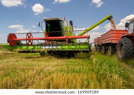Combine Harvester Unloads Wheat Grain Into The Tractor Trailer.