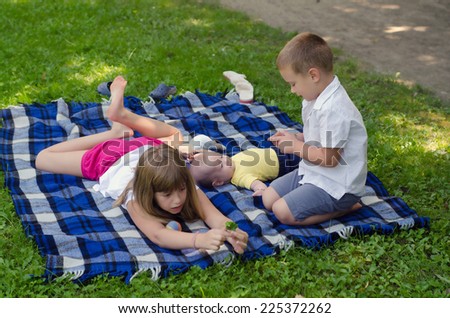 Older sister playing with two younger brothers on blanket at beautiful summer day.