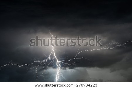 Heavy storm bringing thunder, lightnings and rain in spring.
