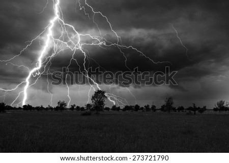 Landscape showing meadow and trees during summer storm with thunder and lightnings.