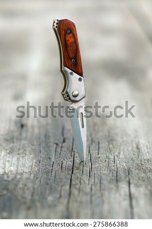 Small pocket knife stabbed into the wooden table.