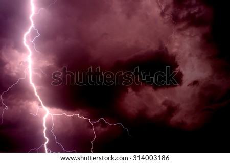 Heavy storm bringing thunder, lightnings and rain in summer.