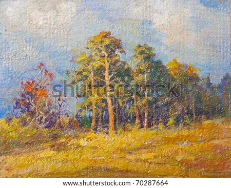 Oil painting showing landscape made of colorful trees and the meadow.