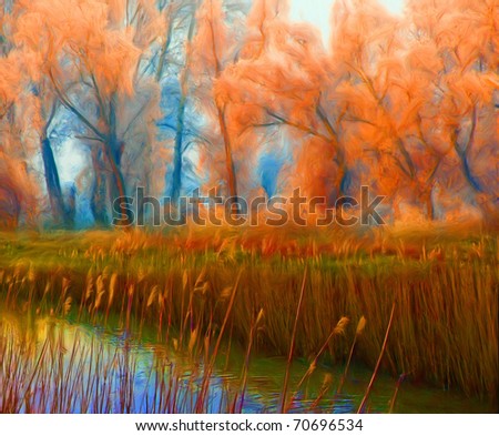 Landscape painting showing beautiful wild orange forest beside the water in late autumn.