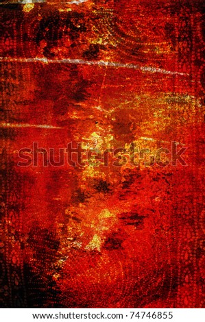 Creepy grunge background in red, black and yellow colors with some pattern on the borders.