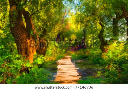 Landscape painting showing small wooden bridge that leads over small stream and through the forest.